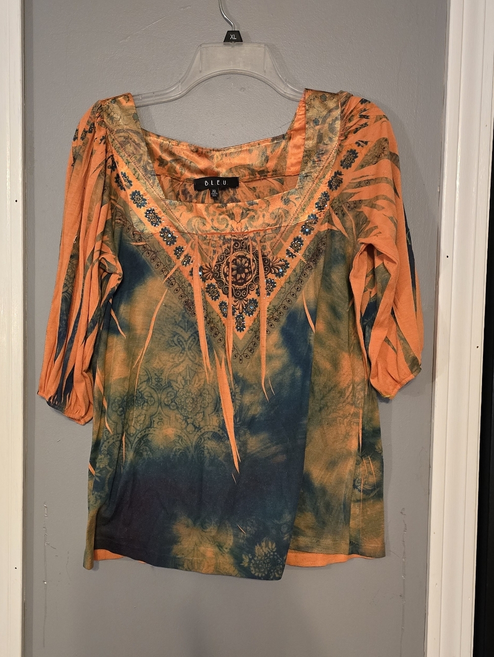 B.L.E.U. Orange and Teal Scoop Neck Printed Blouse